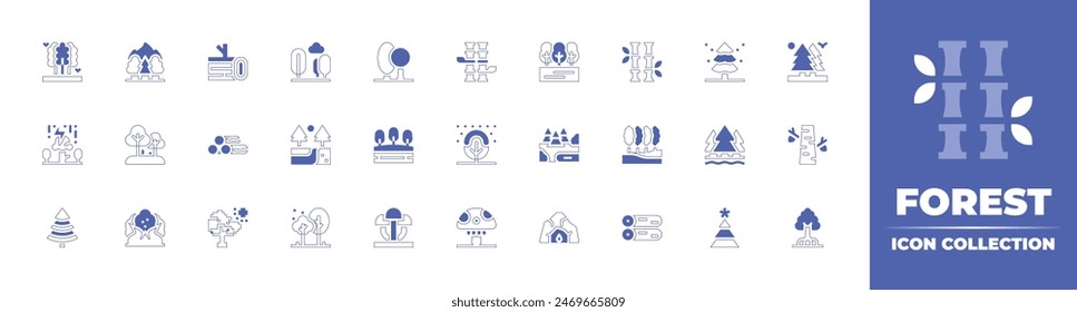 Forest icon collection. Duotone style line stroke and bold. Vector illustration. Containing forestfire, cave, forest, pineforest, fungus, tree, lake, thunder, bamboo, mushroom, pine, trunk, trees.