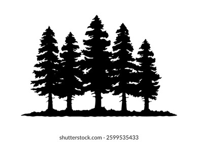 Forest icon. Pine trees. Black silhouette. Horizontal front side view. Vector simple flat graphic hand drawn illustration. Isolated object on white background. Isolate.