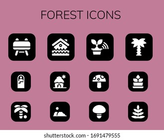 forest icon set. 12 filled forest icons.  Simple modern icons such as: Buck, Sleeping bag, Palm tree, Disaster, Cabin, Desert, Tree, Mushroom, Fern