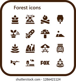  forest icon set. 16 filled forest icons. Simple modern icons about  - Fern, Volcano, Campfire, Tree, Chainsaw, Mushroom, Desert, Canyon, Picnic table, Trunk, Branch, Park, Fox