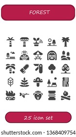 forest icon set. 25 filled forest icons.  Simple modern icons about  - Palm tree, Tree, Park, Eruption, Picnic table, Sloth, Forest, Chainsaw, Pocket knife, Jungle disk, Fern