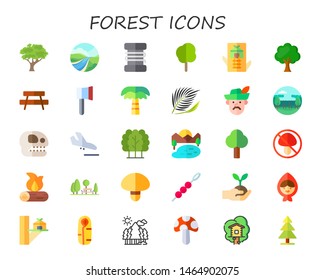 forest icon set. 30 flat forest icons.  Collection Of - tree, river, fishing line, tree house, bench, ax, palm tree, palm, robin hood, trees, fossil, land, lake, mushroom, firewood