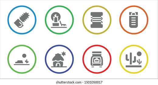 forest icon set. 8 filled forest icons.  Collection Of - Chainsaw, Desert, Landscape, Cabin, Fishing line, Trunk, Sleeping bag