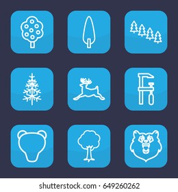 Forest icon. set of 9 outline forest icons such as bear, deer, tree, pine tree, chainsaw