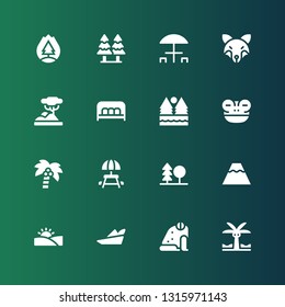 forest icon set. Collection of 16 filled forest icons included Palm tree, Frog, Robin hood, Desert, Volcano, Forest, Picnic table, Coconut tree, Bench, Savannah, Fox, fire