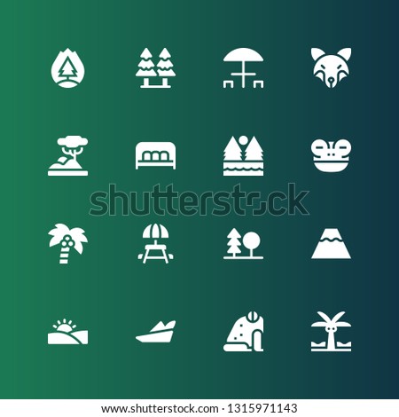 forest icon set. Collection of 16 filled forest icons included Palm tree, Frog, Robin hood, Desert, Volcano, Forest, Picnic table, Coconut tree, Bench, Savannah, Fox, fire