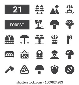 forest icon set. Collection of 21 filled forest icons included Adventure, Acorn, Mushroom, Tsunami, Ax, Volcano, Sleeping bag, Landscape, Bench, Fern, Palm tree, Picnic table