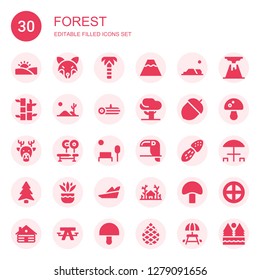 forest icon set. Collection of 30 filled forest icons included Desert, Fox, Palm tree, Volcano, Bamboo, Log, Tree, Acorn, Deer, Bench, Park, Toucan, Mushroom, Pine, Fern, 