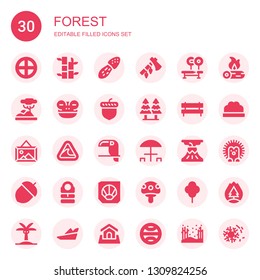 forest icon set. Collection of 30 filled forest icons included Terra, Bamboo, Mushroom, Ax, Bench, Savannah, Frog, Acorn, Forest, Landscape, Tsunami, Toucan, Picnic table, Volcano