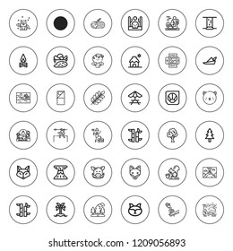 Forest icon set. collection of 36 outline forest icons with bamboo, boar, branch, cabin, camping, coconut tree, campfire, forest, drought, fossil, fox icons. editable icons.