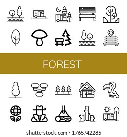 forest icon set. Collection of Tree, Camping, Mushroom, Bench, Ecology, Hunter, Forest, Wood, Cabin, Deforestation, Toucan icons