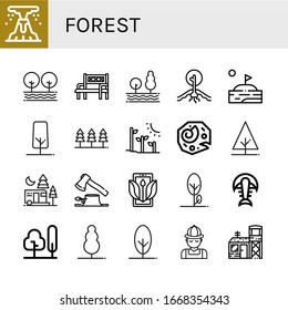 conjunto de iconos de bosque. Colección de íconos de Volcán, Árbol, Banco, Sequía, Lago, Bosque, Árbol vegetal, Fósil, Camping, Deforestación, Ecología, Cazador, Base militar