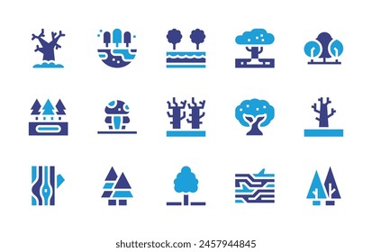 Conjunto de iconos de bosque. Color duotono. Ilustración vectorial. Con madriguera, árbol, madera, pino, árbol seco, hongo, tronco, tierra, olivo, naturaleza, río.