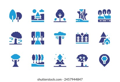 Forest icon set. Duotone color. Vector illustration. Containing tree, pinetree, trunk, grove, wildfire, landscape, taiga, snowfall, lake, rainforest, appletree, windy, trees.