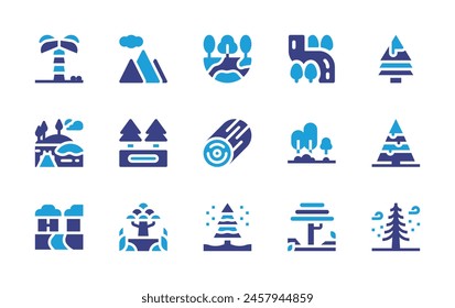 Forest icon set. Duotone color. Vector illustration. Containing mountains, garden, pinetree, landscape, palmtree, tree, drytree, rainforest, river, wood, rain, trees, hole.