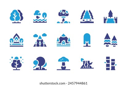 Forest icon set. Duotone color. Vector illustration. Containing forest, fire, tree, flood, pinetree, mountain, log, mushroom, bamboo, pine, cabin, deforestation.