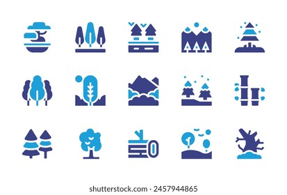 Forest icon set. Duotone color. Vector illustration. Containing forest, trees, tree, bonsai, river, bamboo, mountain, lanscape, trunk, deadtree, pinetree.