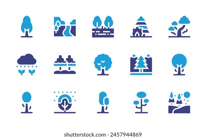Forest icon set. Duotone color. Vector illustration. Containing trees, tropical, tree, snow, wildfire, landscape, river.