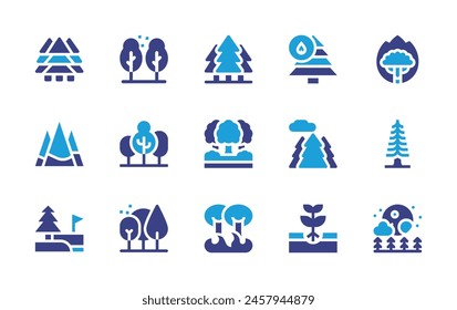 Forest icon set. Duotone color. Vector illustration. Containing forest, plantatree, rainforest, forestfire, grove, pine, tree, supermoon, bushfire.