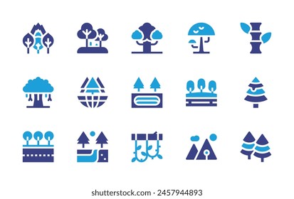 Forest icon set. Duotone color. Vector illustration. Containing forestfire, forest, pineforest, road, bamboo, banyan, nature, tree, liana, sinkhole, lake, pine.