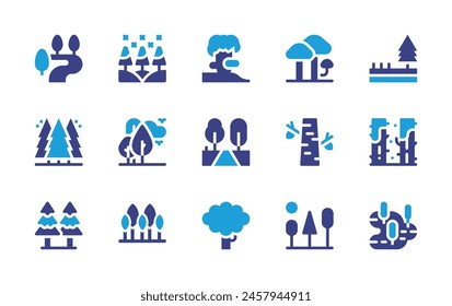 Forest icon set. Duotone color. Vector illustration. Containing river, nature, forest, swamp, tree, mushroom, autumntree, birchtree, trees.