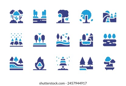 Forest icon set. Duotone color. Vector illustration. Containing forest, geology, forestfire, lake, tree, autumntree, fir, river, landscape, bonsai.