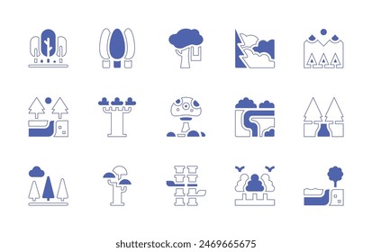 Forest icon set. Duotone style line stroke and bold. Vector illustration. Containing forest, river, pineforest, tree, bamboo, mountain, mushroom, nature, pathway.