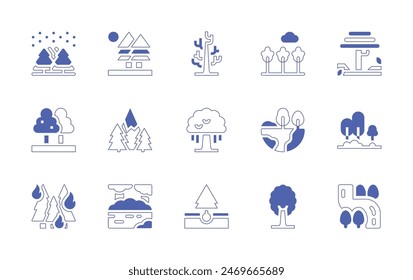 Forest icon set. Duotone style line stroke and bold. Vector illustration. Containing burning, river, forest, greenearth, tree, trees, plantatree, garden.