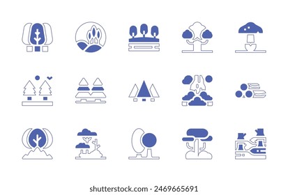Forest icon set. Duotone style line stroke and bold. Vector illustration. Containing forestfire, forest, pine, tree, picocao, lake, trunk, mushroom, wood.