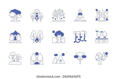 Forest icon set. Duotone style line stroke and bold. Vector illustration. Containing tree, forest, burningtree, forestfire, olive, pine, nature, liana, river.