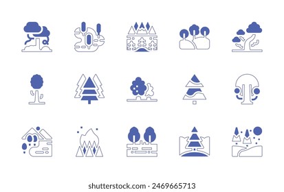 Forest icon set. Duotone style line stroke and bold. Vector illustration. Containing forest, fire, fir, swamp, lake, tree, trees, lanscape, snow.