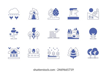 Forest icon set. Duotone style line stroke and bold. Vector illustration. Containing forest, fire, thunder, tropical, nature, trees, tree, stump, snowy, trunk, road.