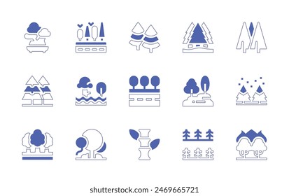 Forest icon set. Duotone style line stroke and bold. Vector illustration. Containing forest, wildfire, trees, bamboo, pines, road, tree, flood, pinetree, pine, bonsai.