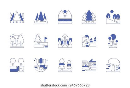 Forest icon set. Duotone style line stroke and bold. Vector illustration. Containing forest, grove, grassland, tree, log, earth, pinetree, windy, pathway.