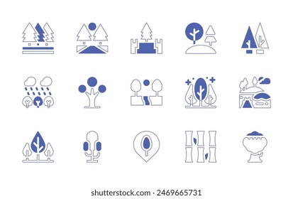 Forest icon set. Duotone style line stroke and bold. Vector illustration. Containing bamboo, forest, road, trees, tree, pine, landscape, park, deforestation, nature.