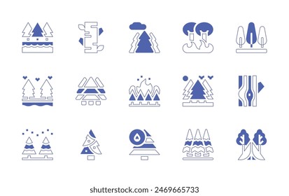 Forest icon set. Duotone style line stroke and bold. Vector illustration. Containing forest, forestfire, tree, birch, lake, pine, trees, camping, wood.