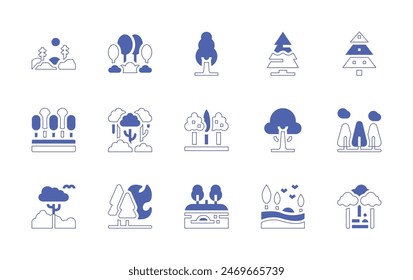 Forest icon set. Duotone style line stroke and bold. Vector illustration. Containing forest, forestfire, pine, trees, pinetree, tree, landscape.