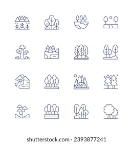 Forest icon set. Thin line icon. Editable stroke. Containing lanscape, sequoia, lake, rainforest, forest, nature, tent, pine tree, trees.