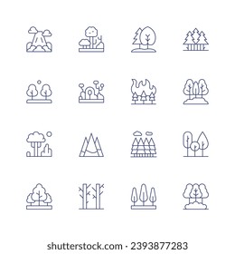 Conjunto de iconos de bosque. Icono de línea delgada. Trazo editable. Conteniendo montaña, árbol, árboles, bosque, incendios forestales.
