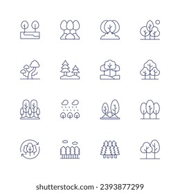 Forest icon set. Thin line icon. Editable stroke. Containing trees, tree, reforestation, forest, forest fire, woods, nature.