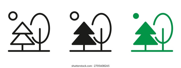 Forest icon set with trees and sun for nature design, perfect for eco-friendly projects and outdoor themed graphics in modern style