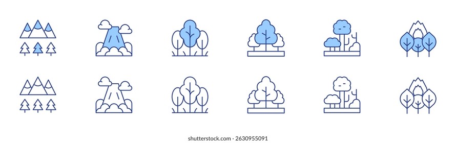 Forest icon set in two styles, Duotone and Thin Line style. Editable stroke. forest, trees, mountain, forest fire.