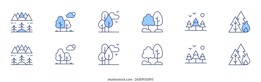 Forest icon set in two styles, Duotone and Thin Line style. Editable stroke. lanscape, forest, trees, nature, forest fire.