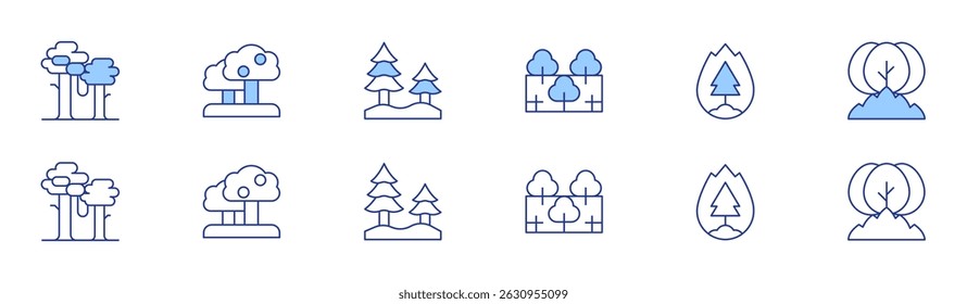 Forest icon set in two styles, Duotone and Thin Line style. Editable stroke. forest, trees, forest fire.