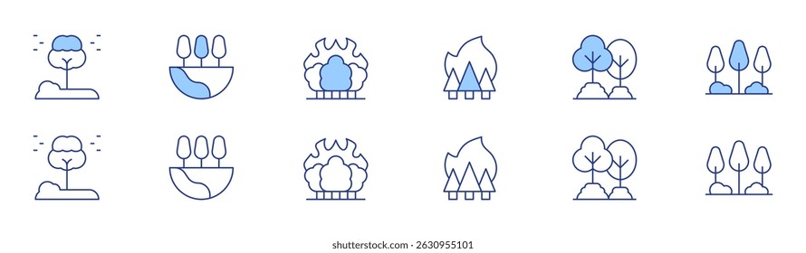 Forest icon set in two styles, Duotone and Thin Line style. Editable stroke. forest, wildfire, trees.