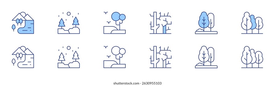 Forest icon set in two styles, Duotone and Thin Line style. Editable stroke. lake, dry tree, forest, tree, wood.