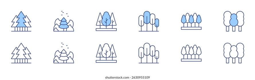 Forest icon set in two styles, Duotone and Thin Line style. Editable stroke. forest, tree, trees.