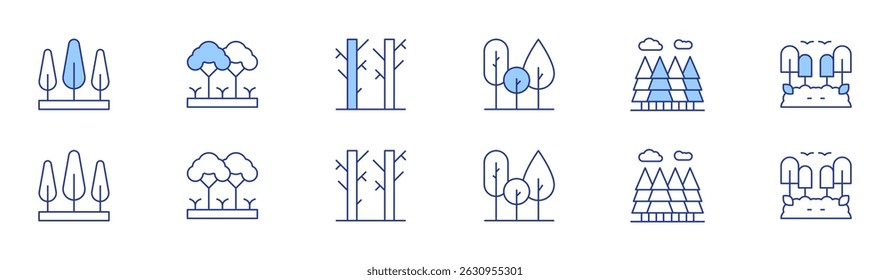 Forest icon set in two styles, Duotone and Thin Line style. Editable stroke. trees, forest, tree.