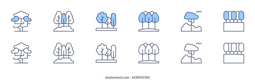 Forest icon set in two styles, Duotone and Thin Line style. Editable stroke. tree, forest, trees.