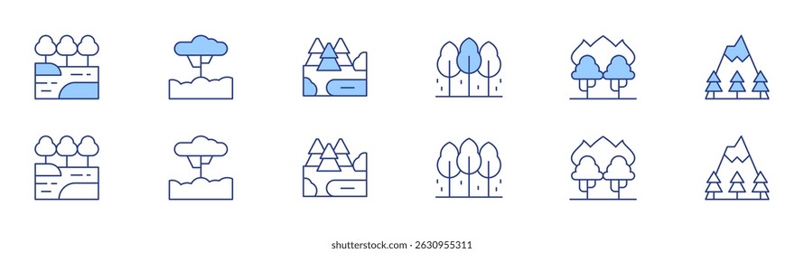 Forest icon set in two styles, Duotone and Thin Line style. Editable stroke. lake, forest, tree, wildfire, mountain.